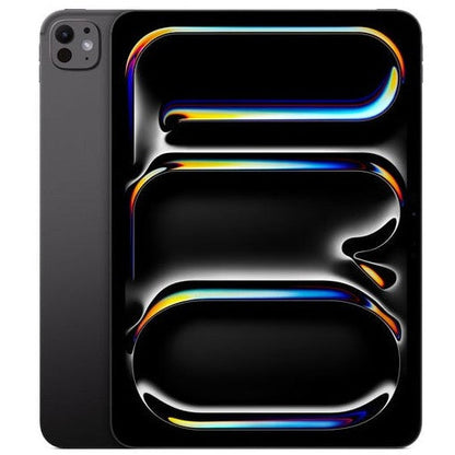 Black tablet with colorful design on a white background