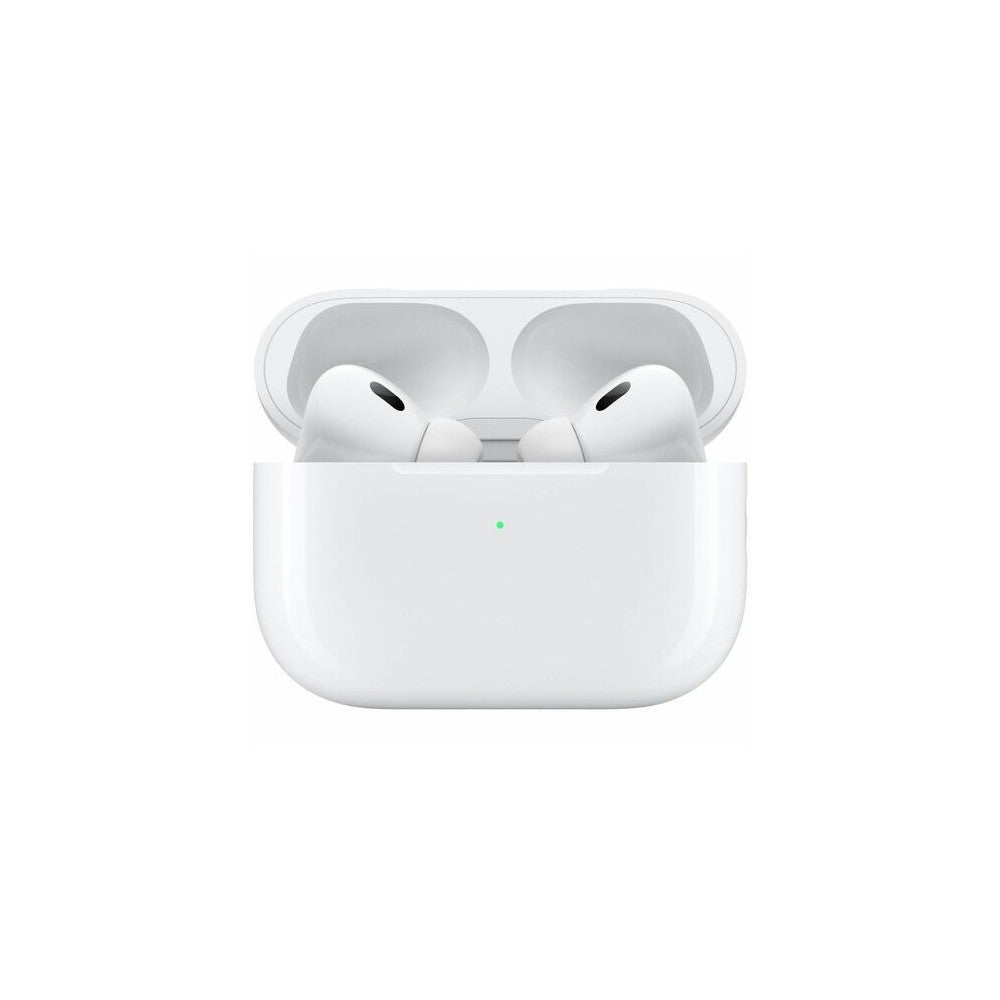 White wireless earbuds in a charging case on a white background