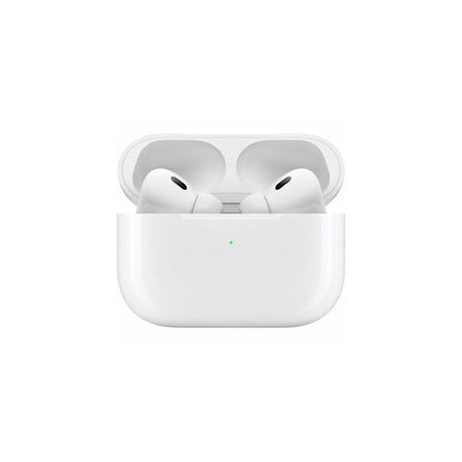 White wireless earbuds in a charging case on a white background