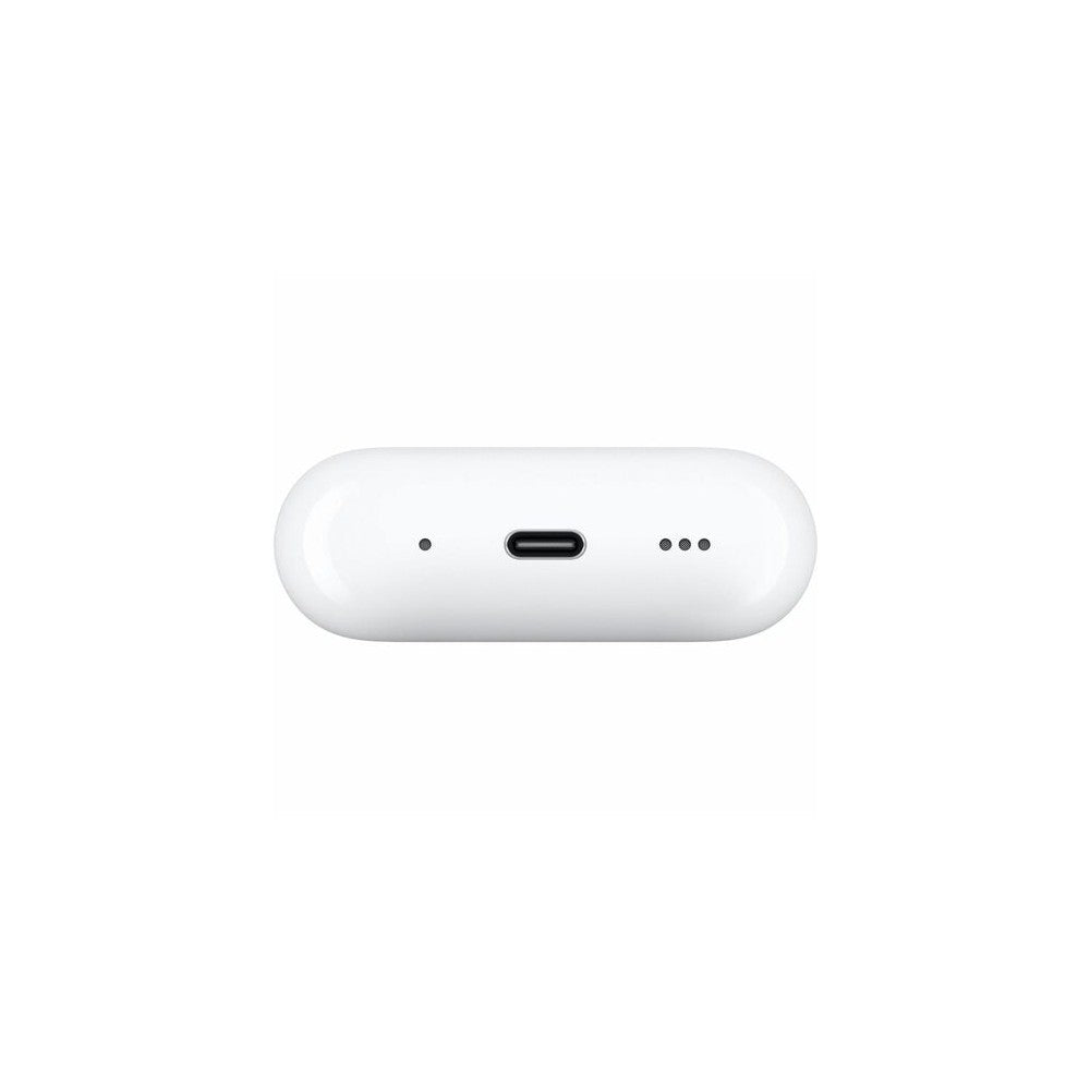 White wireless earbud case with charging port on a white background