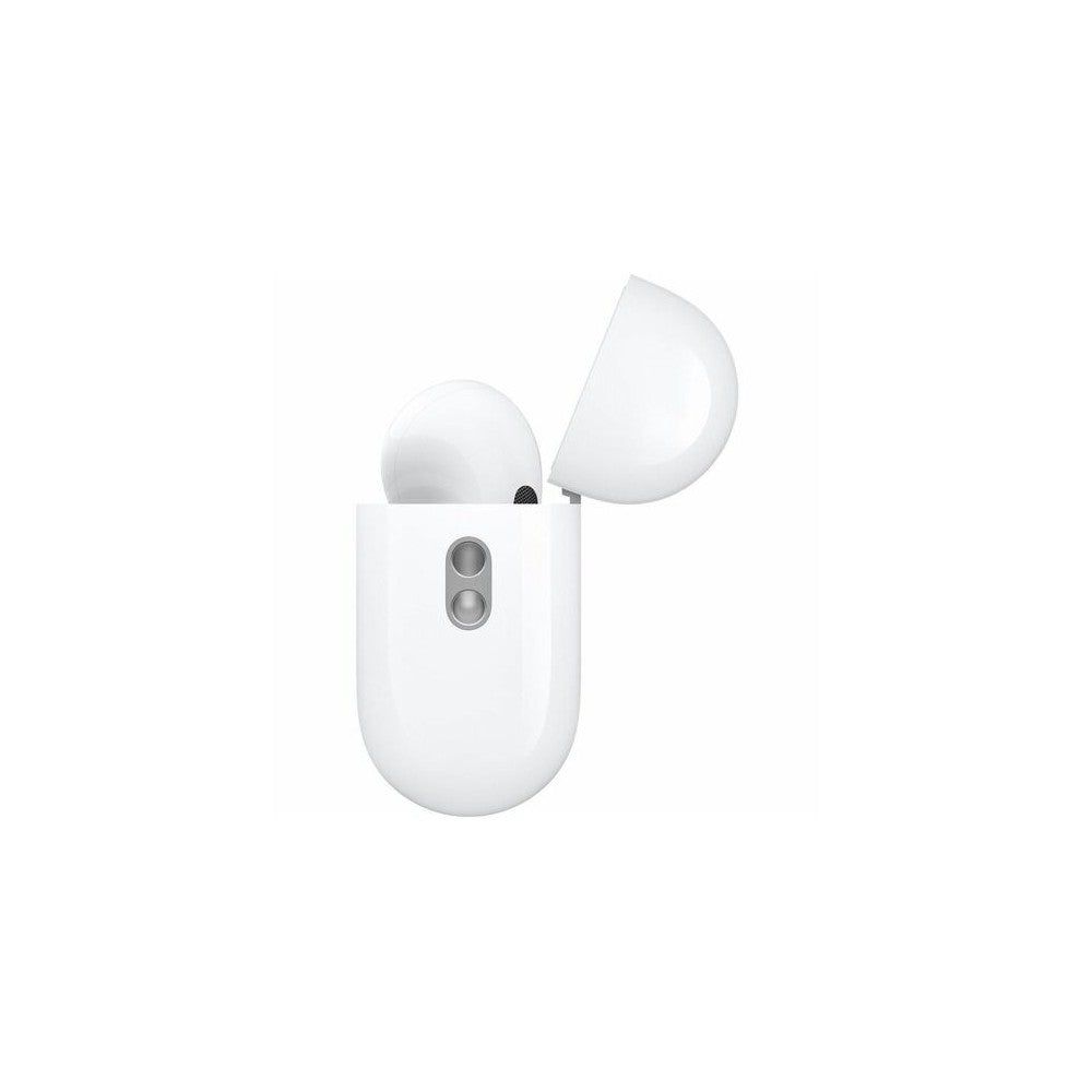 White wireless earbuds with charging case on a white background